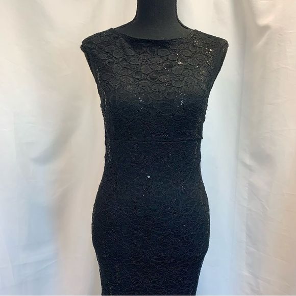 BLACK lace sequin mermaid open back sleeveless Long gown evening dress formal M - Picture 2 of 12